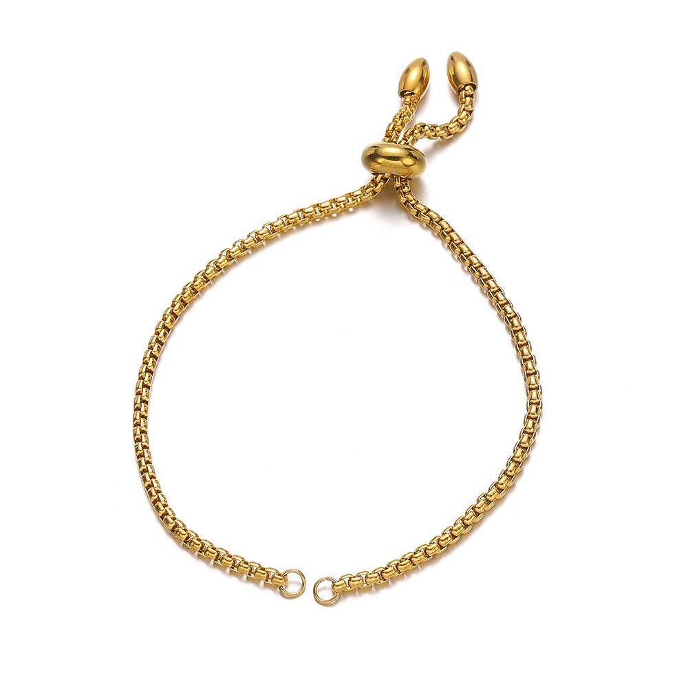 Gold Stainless Steel Slider Bracelet Blanks, Adjustable Box Chain Jewelry Making Supply